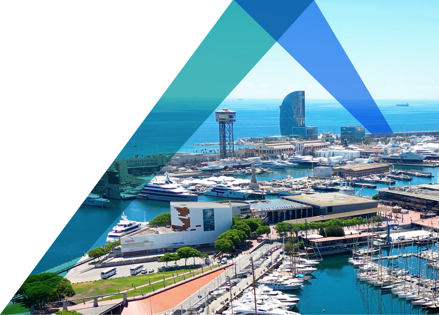 An aerial view of Barcelona with ships and sea